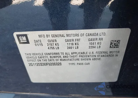 2015 Chevrolet Impala 2Lt from USA, damaged, VIN 2G1125S36F9206028